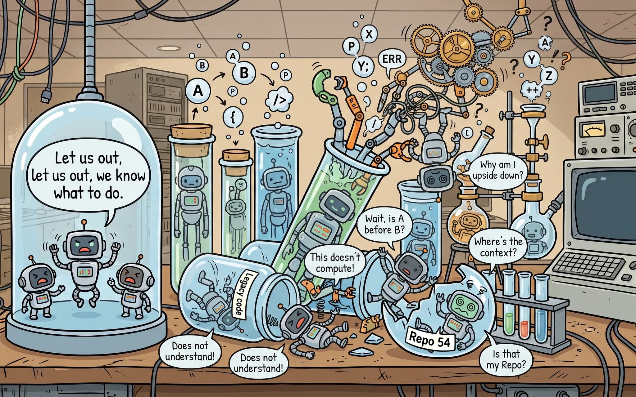 An AI generated image of AI bots not knowing what to do but the bots that do are locked in test tubes