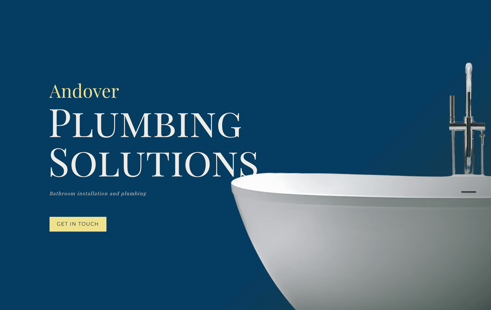 Plumbing Solutions homepage text on left, bathtub on right