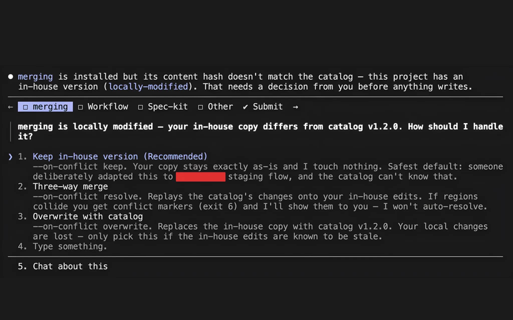 The skill installer advising the user not to install the merging skill as they already have it
