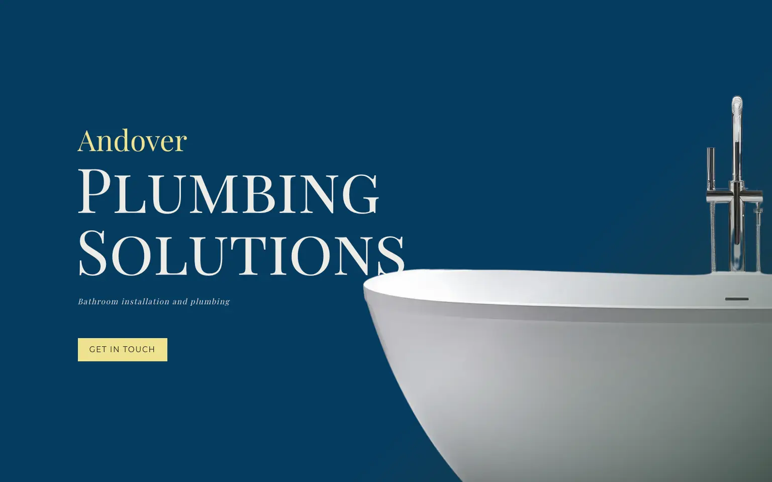 Plumbing Solutions homepage text on left, bathtub on right